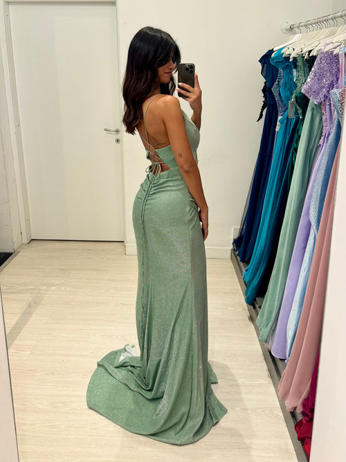 Abito sirena scollo incrociato Lurex e drappeggio