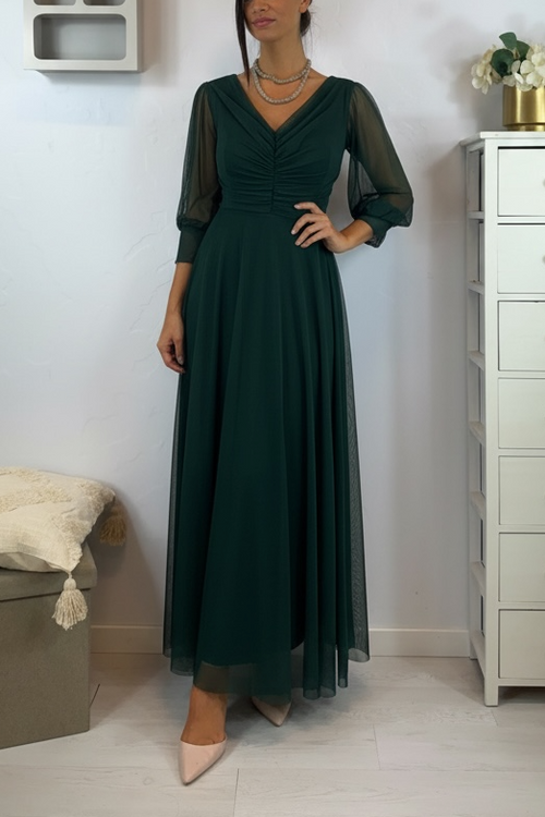 Abito cerimonia tulle scollo v con maniche tre quarti