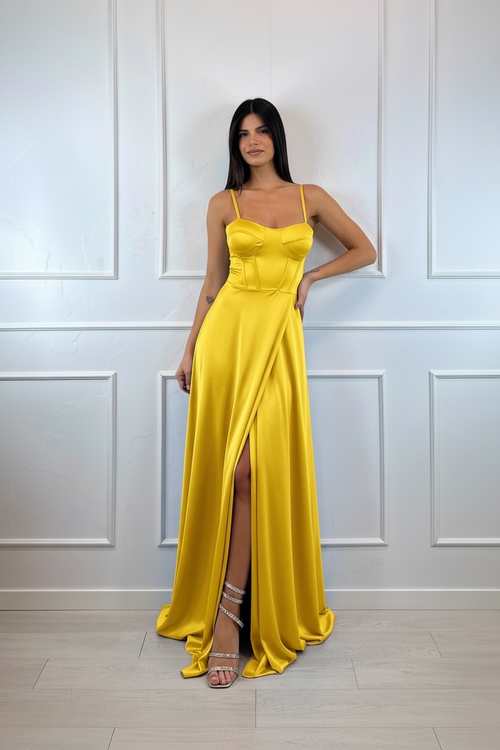 Abito cerimonia raso corsetto intrecciato dietro