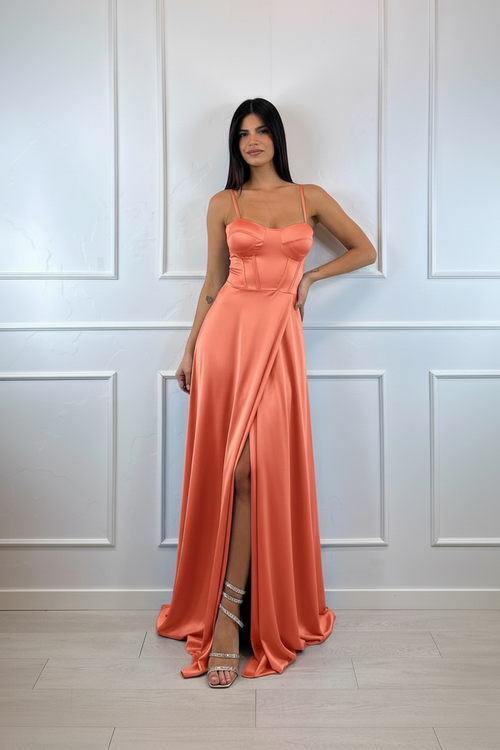 Abito cerimonia raso corsetto intrecciato dietro