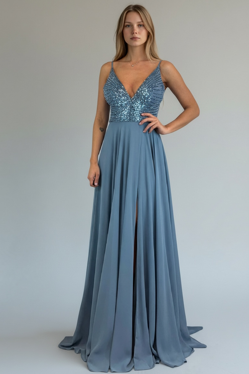 Abito cerimonia spacco con corpetto paillettes