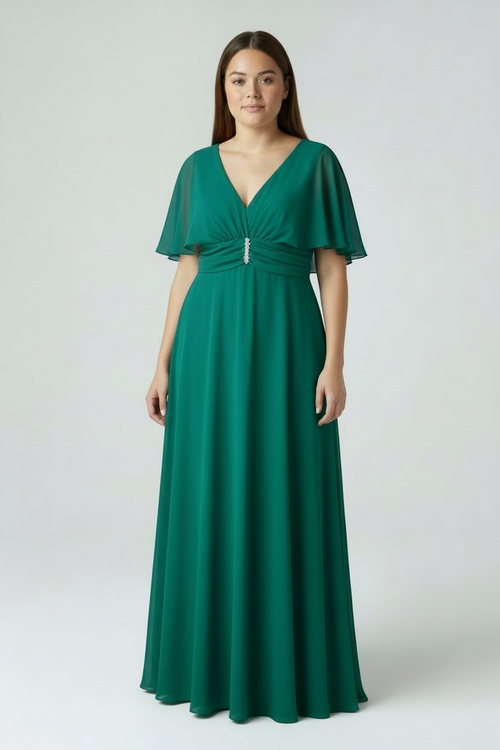 Abito cerimonia maxi mantella scollo V strass