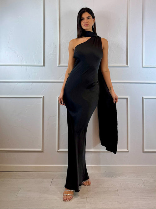 Abito cerimonia sirena in raso monospalla con fascia