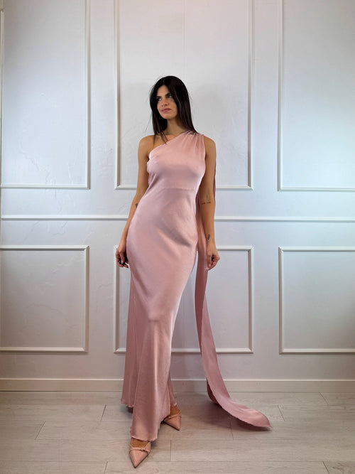 Abito cerimonia sirena in raso monospalla con fascia