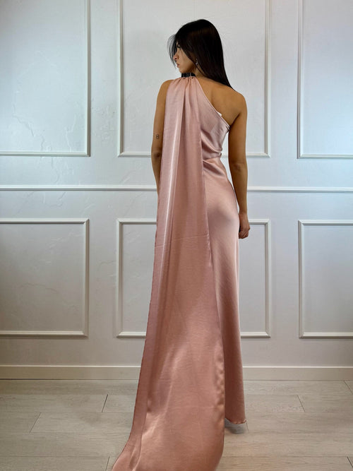 Abito cerimonia sirena in raso monospalla con fascia