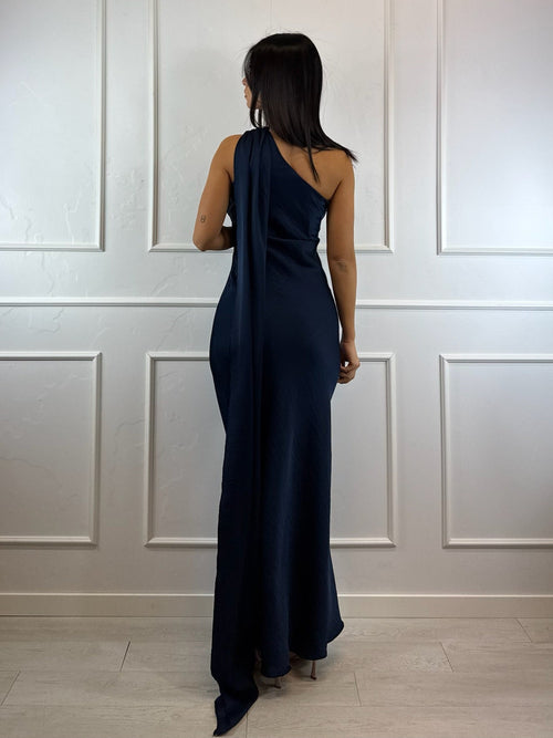 Abito cerimonia sirena in raso monospalla con fascia